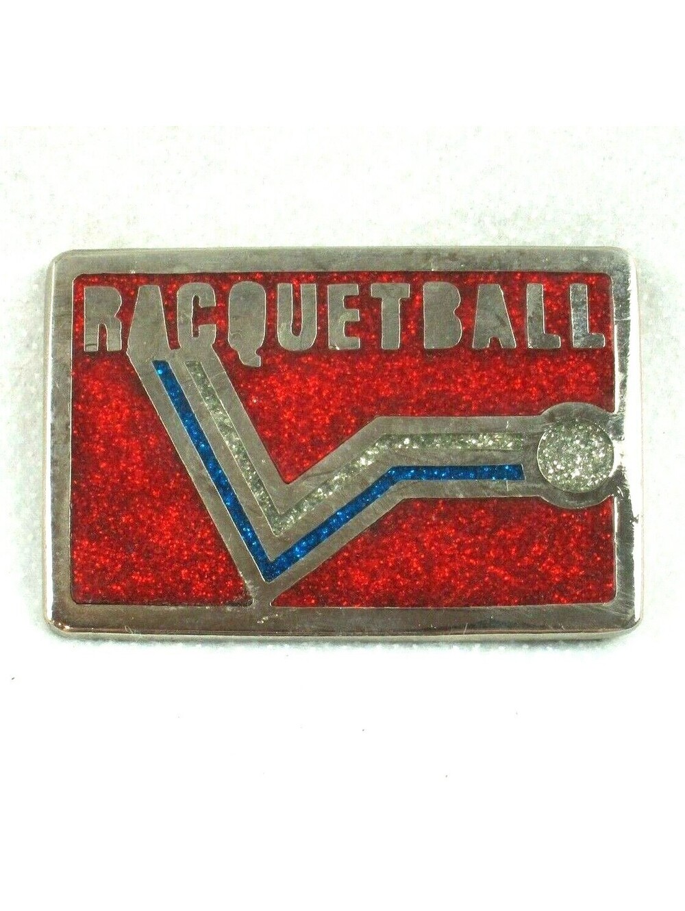 Vintage 1980 Racquetball Metal Belt Buckle Silver, Red & Blue Glitter Inlay PSS
